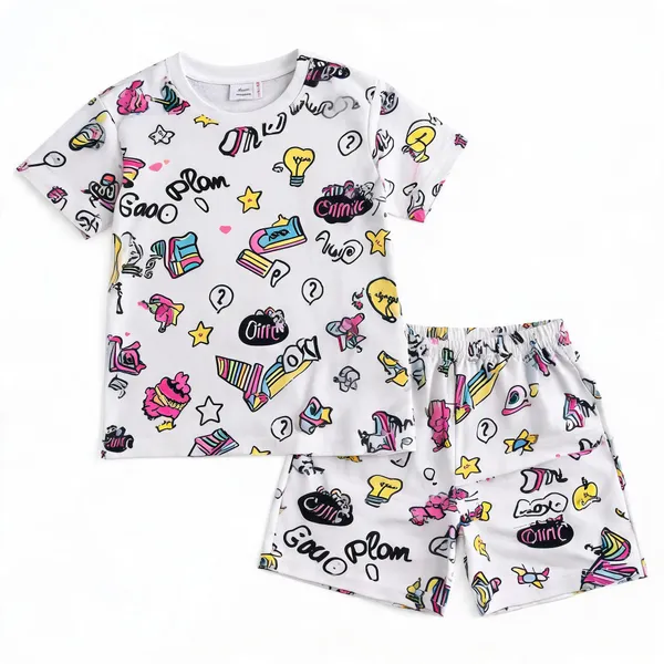 White_Cotton_Short_Sleeve_Printed_T-Shirt_&_Shorts_Set_For_Girls