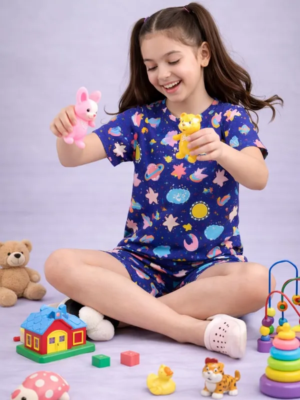 Blue_Printed_Short_Sleeve_Sleepwear_Set_for_Girls