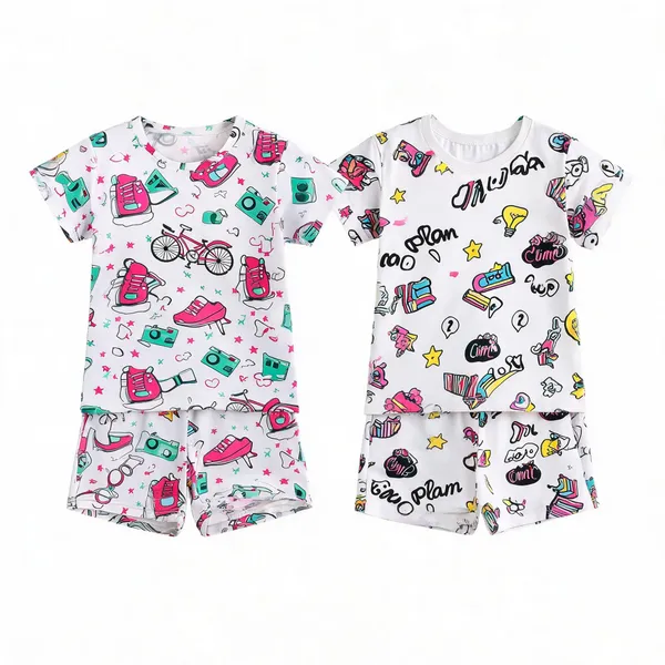 Multicolor_Cotton_Printed_Regular_Fit_T-Shirt_&_Shorts_Set_For_Girls