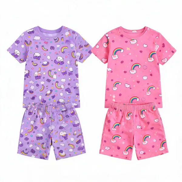 Pink_&_Purple_Cotton_Printed_T-Shirt_&_Shorts_Set_For_Girls