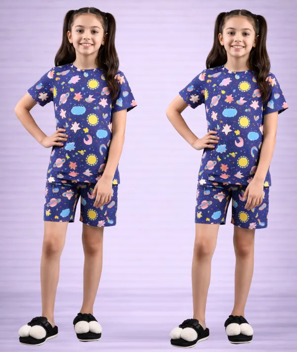 Navy_Cotton_Printed_T-Shirt_&_Shorts_Set_For_Girls