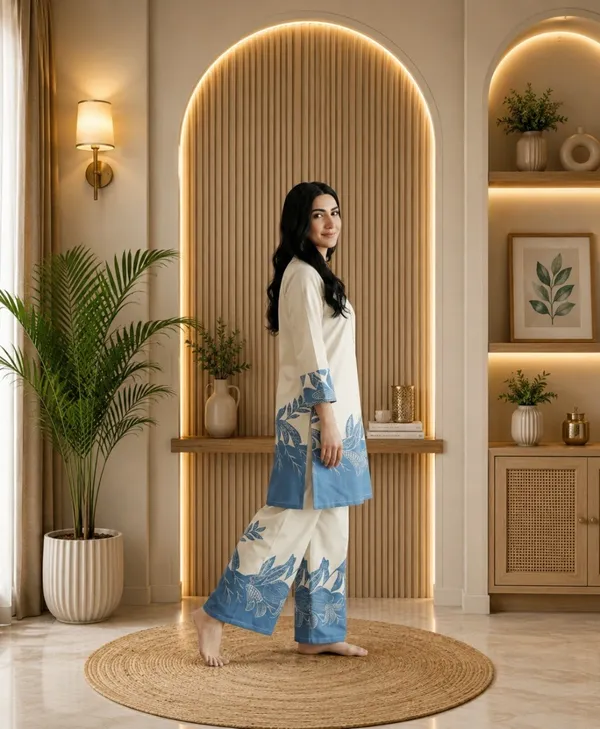 Cream_&_Blue_Cotton_Printed_Kurta_Palazzo_Set_For_Women
