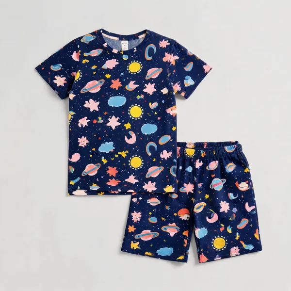 Purple_Navy_Cotton_Printed_T-Shirt_&_Shorts_Set_For_Girls