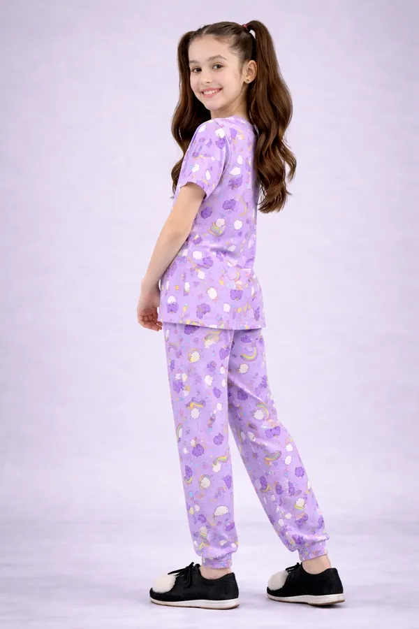 Purple_Cotton_Short_Sleeve_Printed_Pajama_Set_For_Girls
