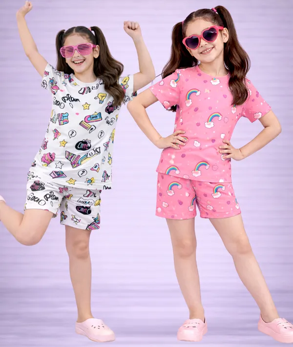 Pink_Cotton_Printed_T-Shirt_&_Shorts_Set_For_Girls