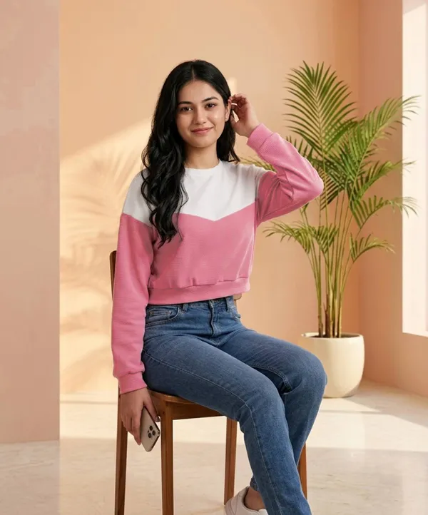 Pink_&_White_Cotton_Colorblock_Cropped_Sweatshirt_For_Women