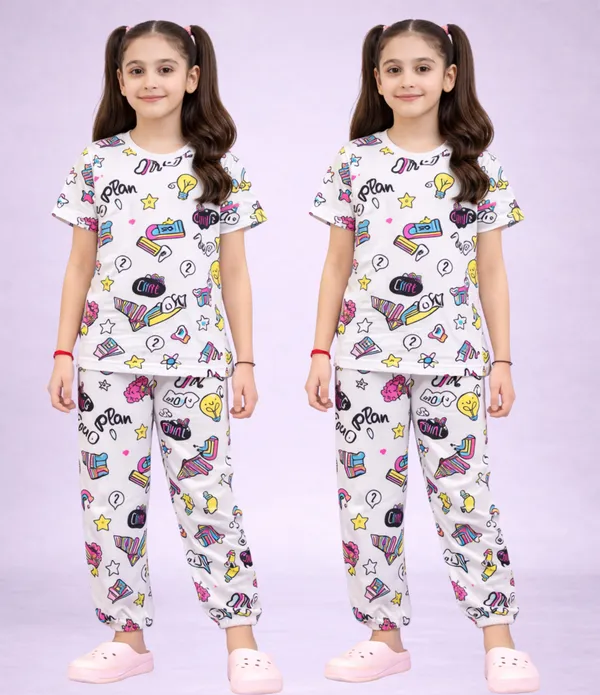 White_Cotton_Printed_Short_Sleeve_Pajama_Set_For_Girls