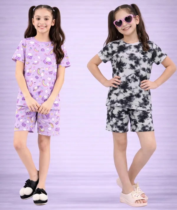 Purple_Cotton_Printed_Short_Sleeve_T-Shirt_&_Shorts_Set_For_Girls