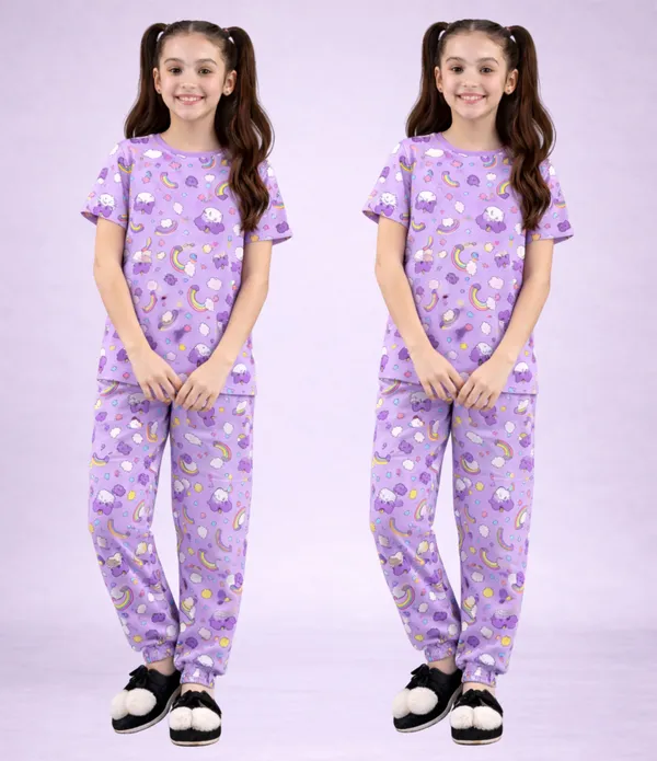 Purple_Cotton_Printed_Short_Sleeve_Pajama_Set_For_Girls