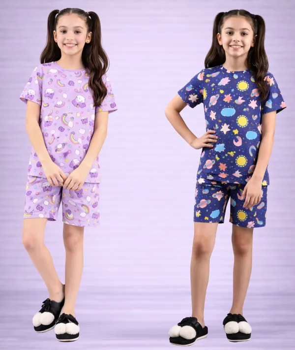 Purple_Navy_Cotton_Printed_T-Shirt_&_Shorts_Set_For_Girls