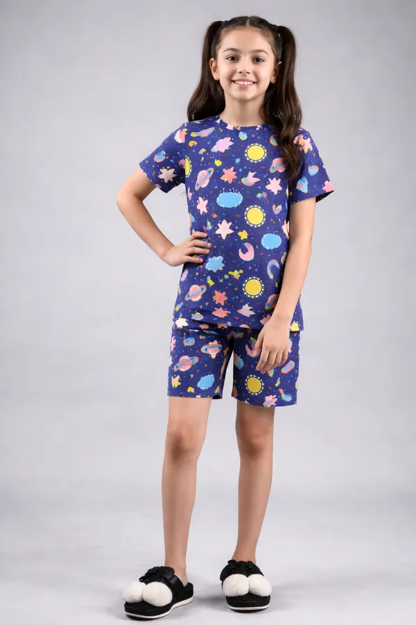 Blue_Printed_Short_Sleeve_Sleepwear_Set_for_Girls