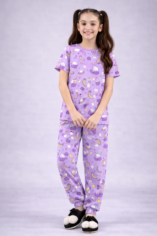 Purple_Cotton_Short_Sleeve_Printed_Pajama_Set_For_Girls