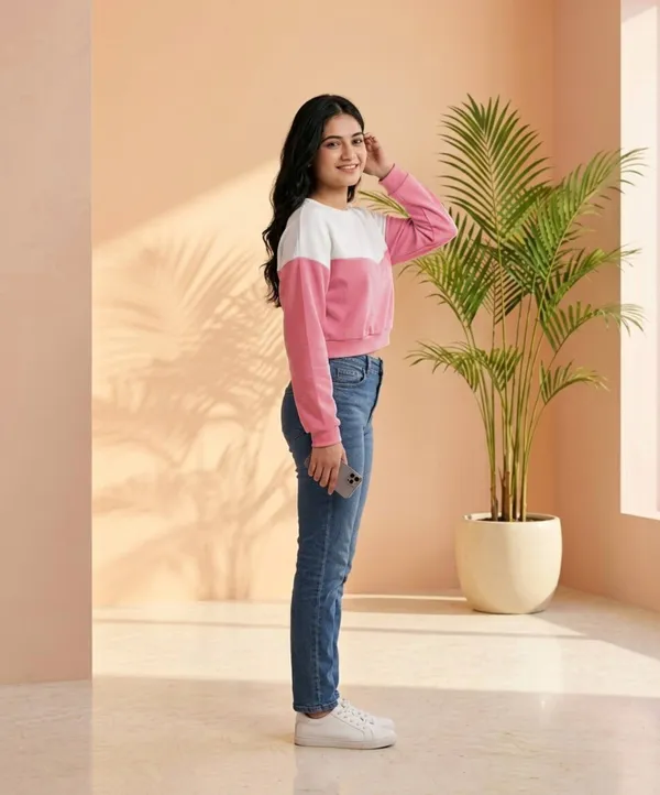 Pink_&_White_Cotton_Colorblock_Cropped_Sweatshirt_For_Women