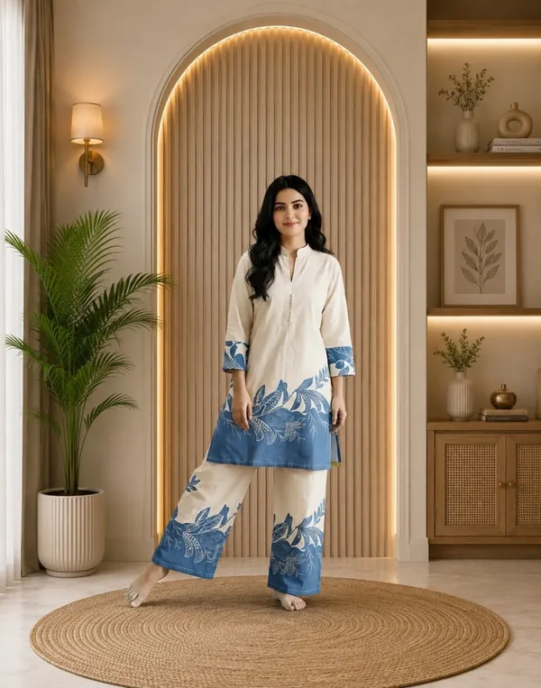 Cream_&_Blue_Cotton_Printed_Kurta_Palazzo_Set_For_Women
