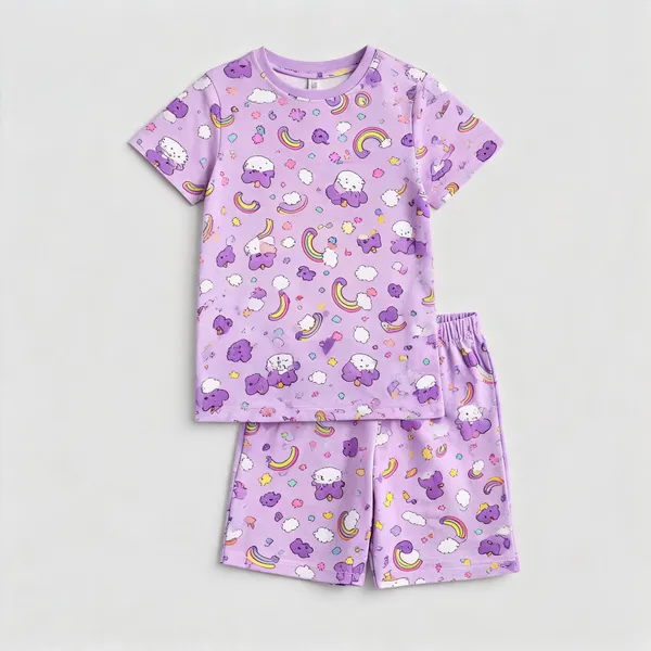 Purple_Cotton_Printed_Short_Sleeve_T-Shirt_&_Shorts_Set_For_Girls
