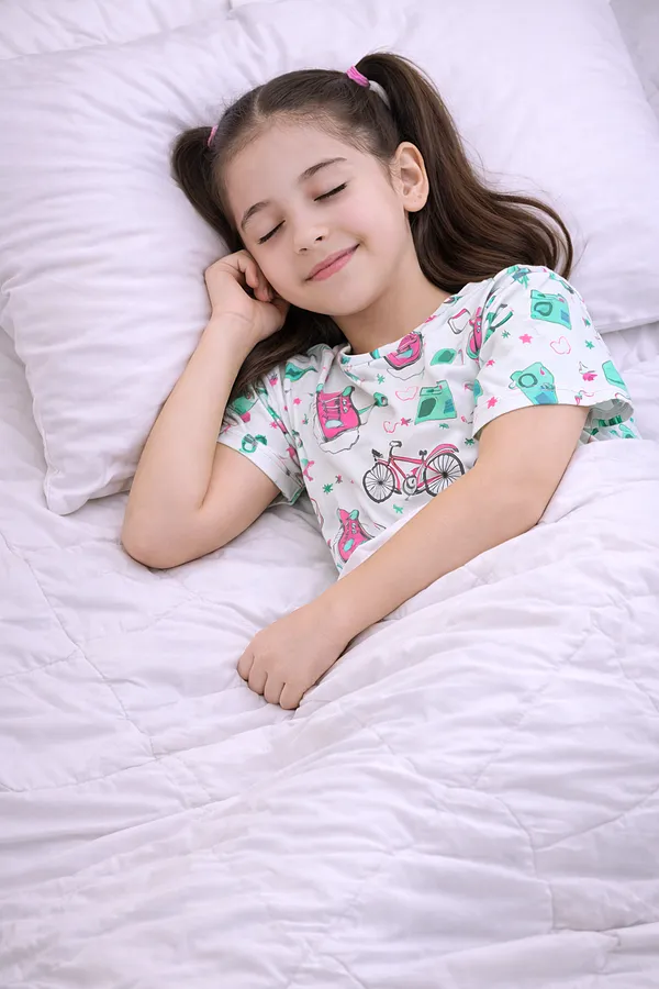 White_Cotton_Short_Sleeve_Printed_T-Shirt_&_Shorts_Set_For_Girls