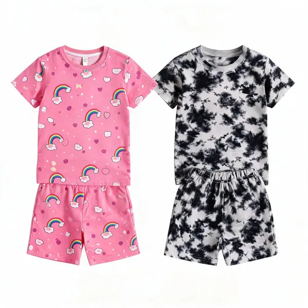 Multicolor_Cotton_Regular_Fit_T-Shirt_&_Shorts_Set_For_Girls