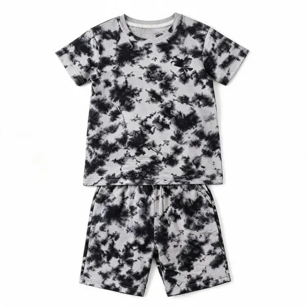 Black_&_White_Cotton_Tie_Dye_T-Shirt_&_Shorts_Set_For_Girls