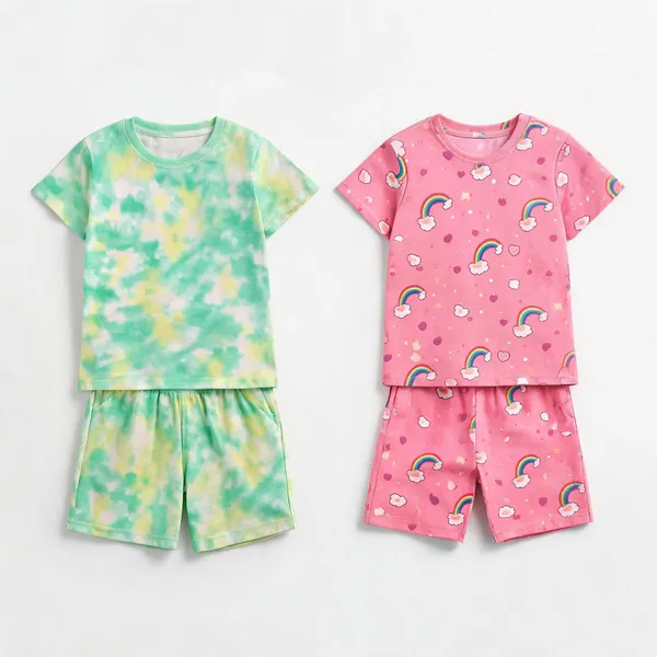 Pink_Green_Cotton_Printed_T-Shirt_&_Shorts_Set_For_Girls