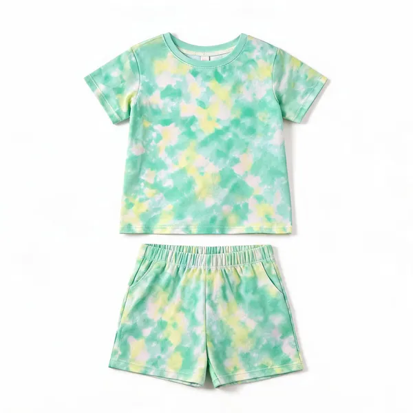 Green_Cotton_Tie_Dye_T-Shirt_&_Shorts_Set_For_Girls