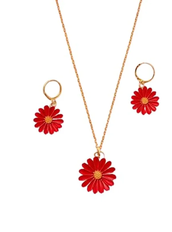 Daisy_Flower_Pendant_Necklace_And_Hoop_Earrings_Set