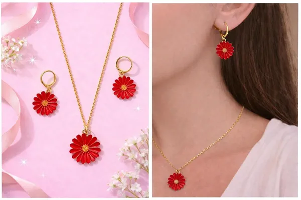 Daisy_Flower_Pendant_Necklace_And_Hoop_Earrings_Set