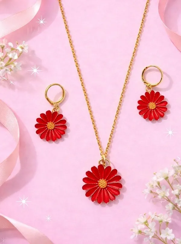 Daisy_Flower_Pendant_Necklace_And_Hoop_Earrings_Set