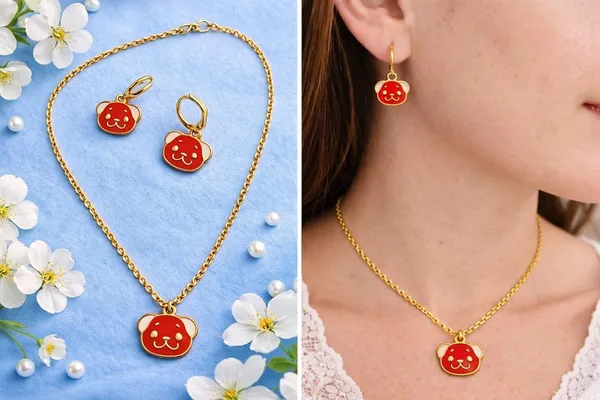 Bear_Face_Pendant_Necklace_And_Earrings_Set