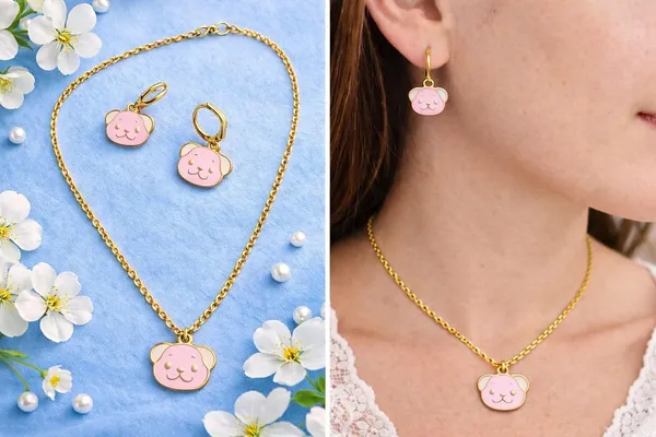 Bear_Face_Pendant_Necklace_And_Earrings_Set