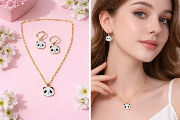 Panda_Face_Pendant_Necklace_And_Earrings_Set