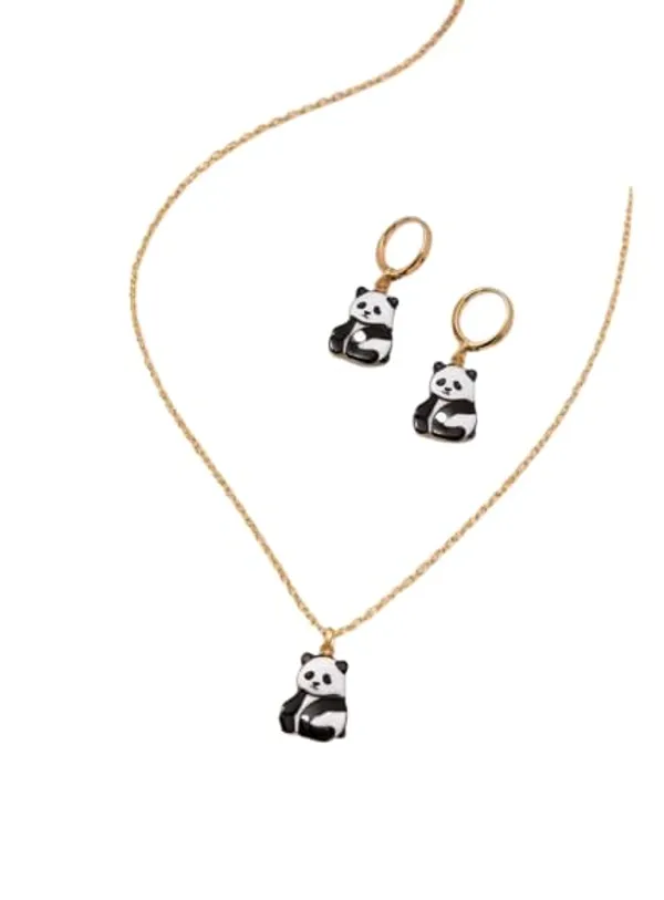Panda_Face_Pendant_Necklace_And_Earrings_Set