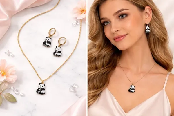 Panda_Face_Pendant_Necklace_And_Earrings_Set