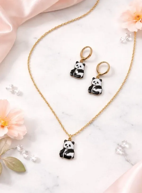 Panda_Face_Pendant_Necklace_And_Earrings_Set