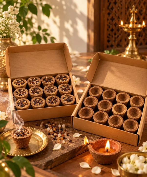 Panchagavya_Festive_Combo_–_Cow_Dung_Diyas_&_Loban_Sambrani_Dhoop_Cups_(Pack_of_12_Each)_Descriptio