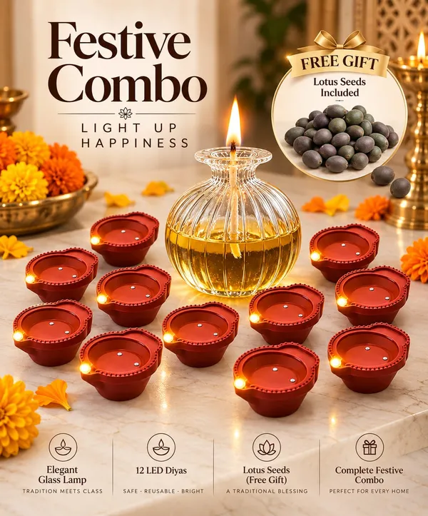 Premium_Diwali_Festive_Combo_–_Borosilicate_Glass_Oil_Lamp_&_Water_Sensor_LED_Diyas_with_Free_Lotus_Seeds_for_Pooja
