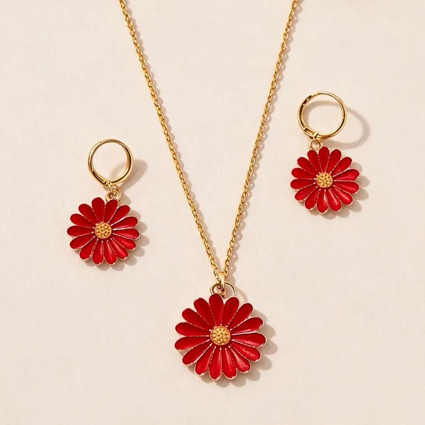 Daisy_Flower_Pendant_Necklace_And_Hoop_Earrings_Set
