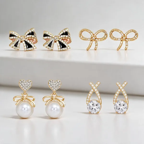 Bow_Pearl_Stud_Earrings_Set_Set_Of_4