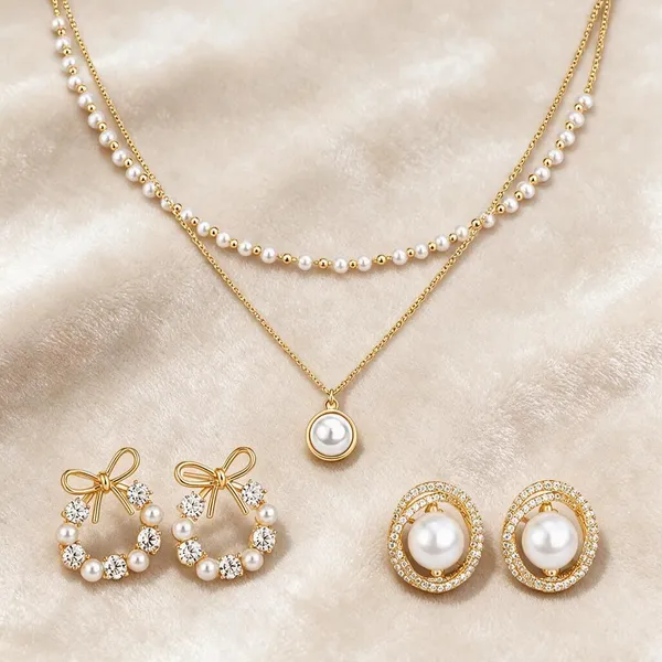 Pearl_Beaded_Layered_Necklace_And_Earrings_Set_Set_Of_3