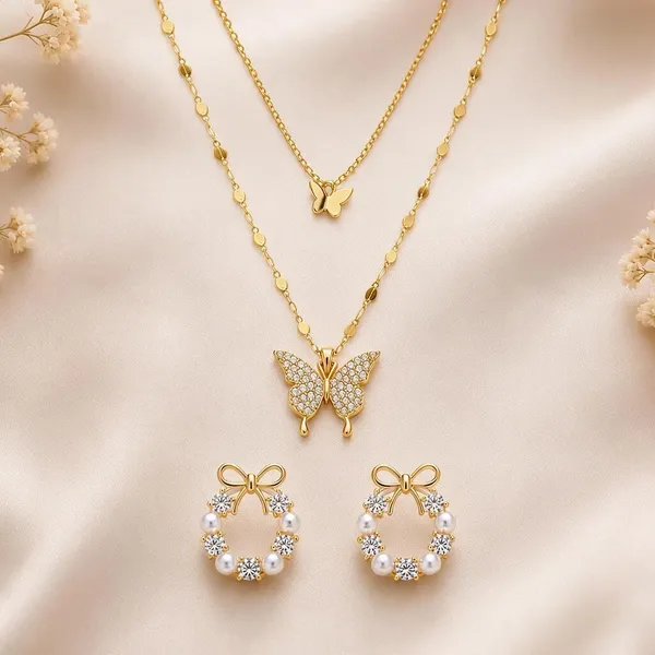 Butterfly_Pendant_Necklace_And_Bow_Earrings_Set_Set_Of_3