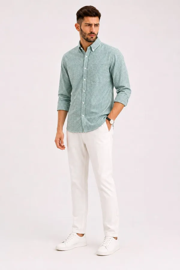 Green_Cotton_Slim_Fit_Checkered_Shirt_For_Men