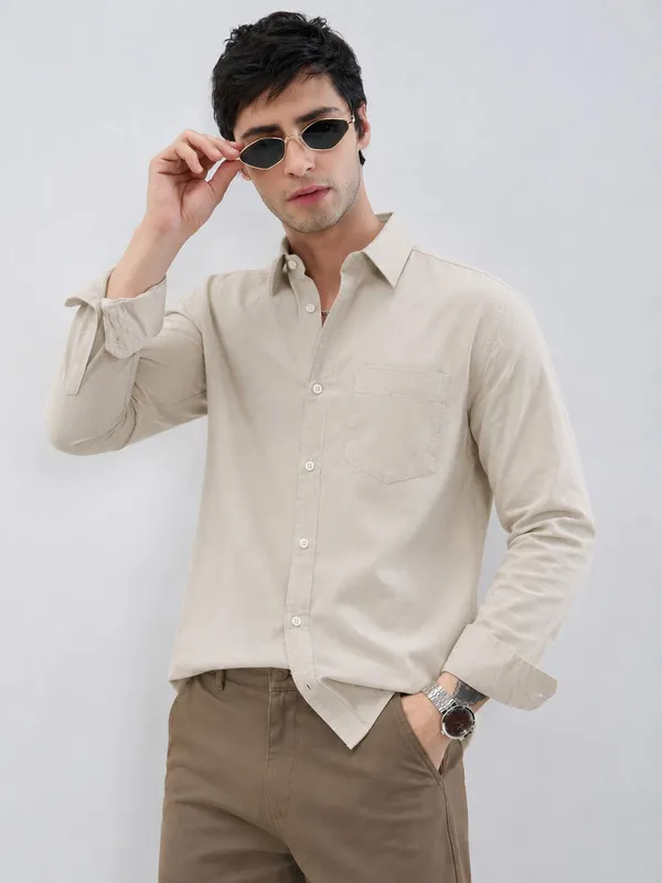 Cream_Cotton_Regular_Fit_Solid_Shirt_For_Men