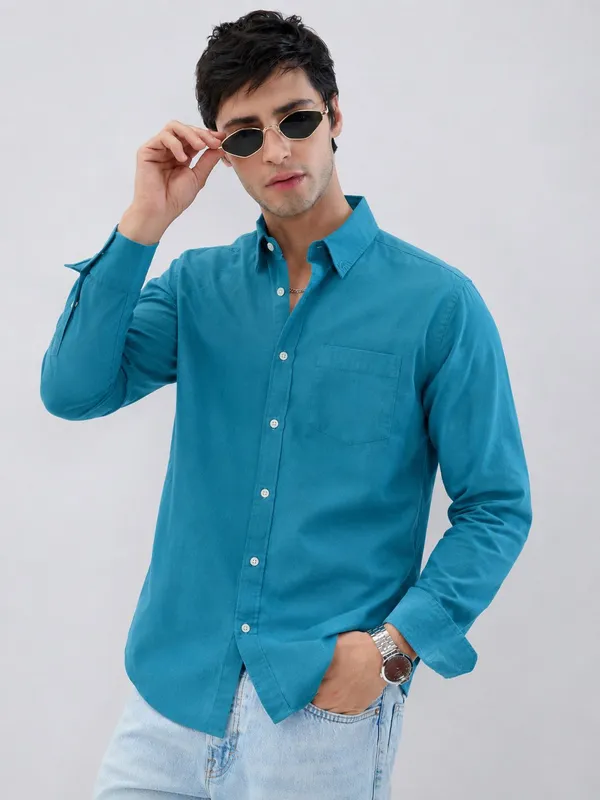 Netto_Uomo_Men_Solid_Casual_Ocean_Blue_Shirt