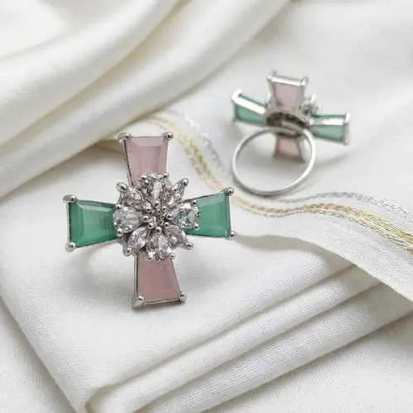 Silver-Tone_Pink_Green_Cross_Statement_Ring_for_Women