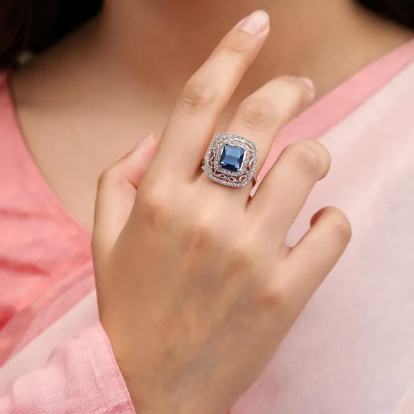 Silver_And_Navy_Brass_Statement_Ring_For_Women