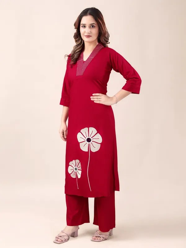 Red_Pure_Cotton_Floral_Print_Straight_Kurta_Set_For_Women