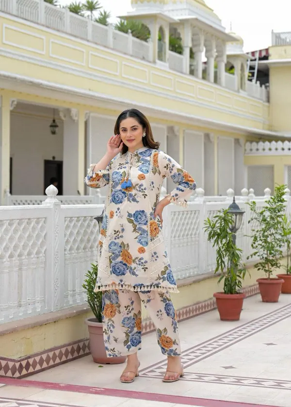 Cream_Cotton_Floral_Print_Straight_Kurta_Pant_Set_For_Women