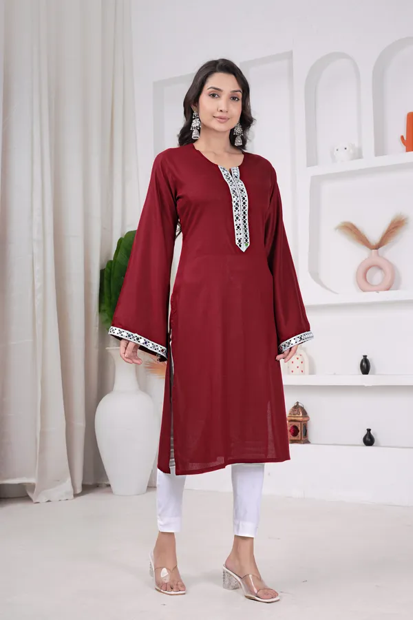 Maroon_Pure_Cotton_Solid_Flared_Kurta_For_Women