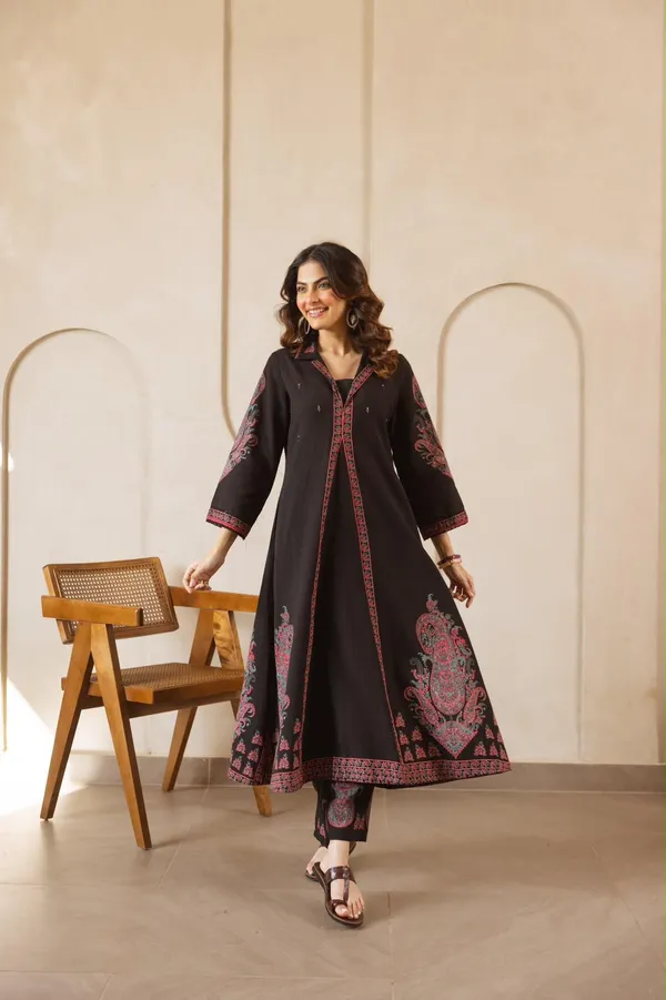 Black_Cotton_Flared_Anarkali_Printed_Kurta_Set_For_Women