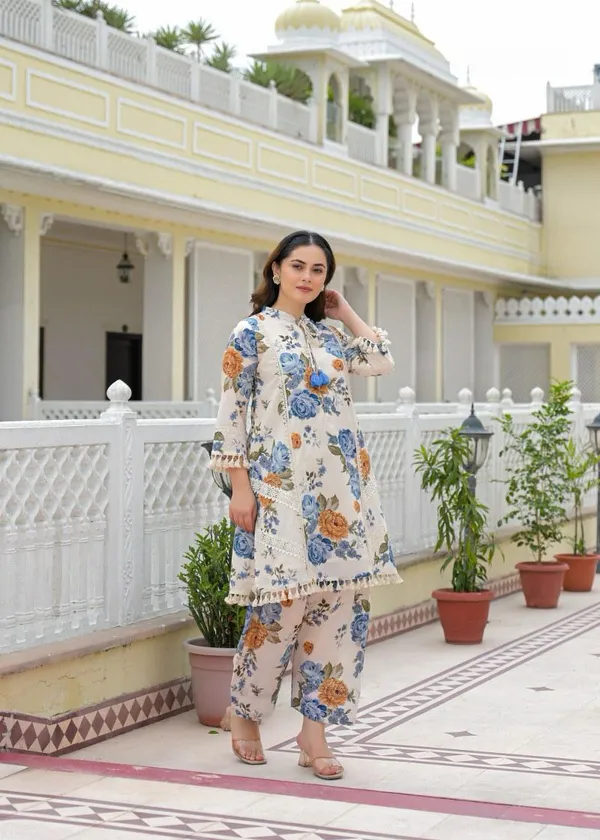 Cream_Cotton_Floral_Print_Straight_Kurta_Pant_Set_For_Women