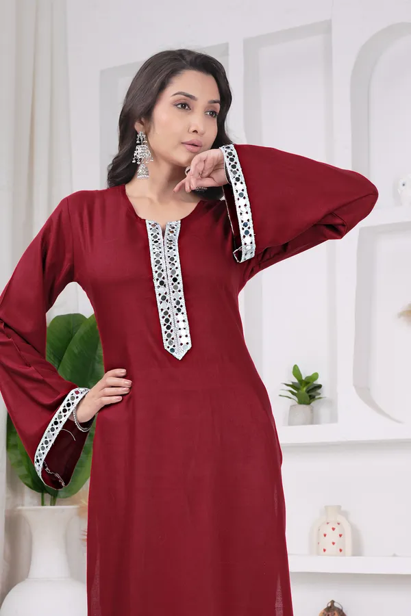 Maroon_Pure_Cotton_Solid_Flared_Kurta_For_Women